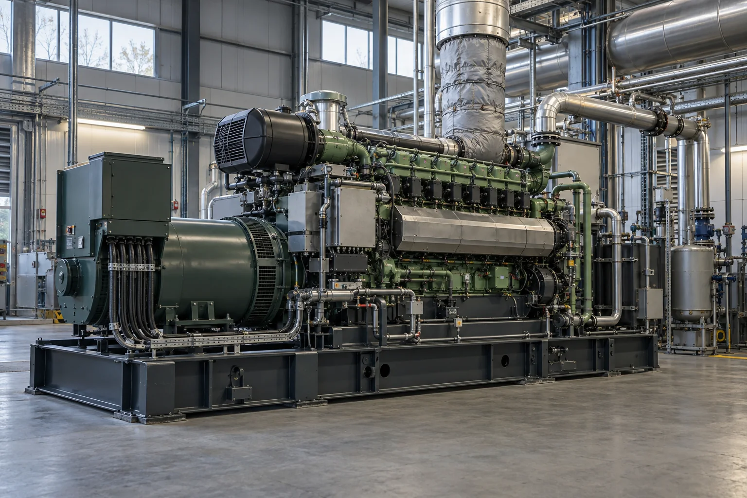 BHKW-Motor und Generator in einer industriellen Energieanlage