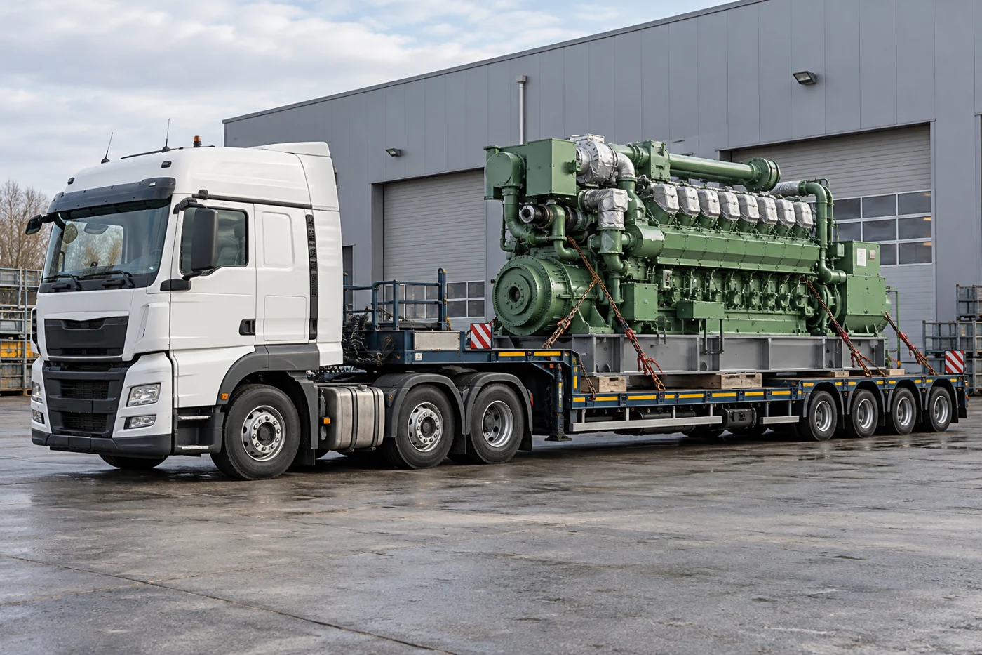 LKW mit industriellem Motor als Schwerlastladung