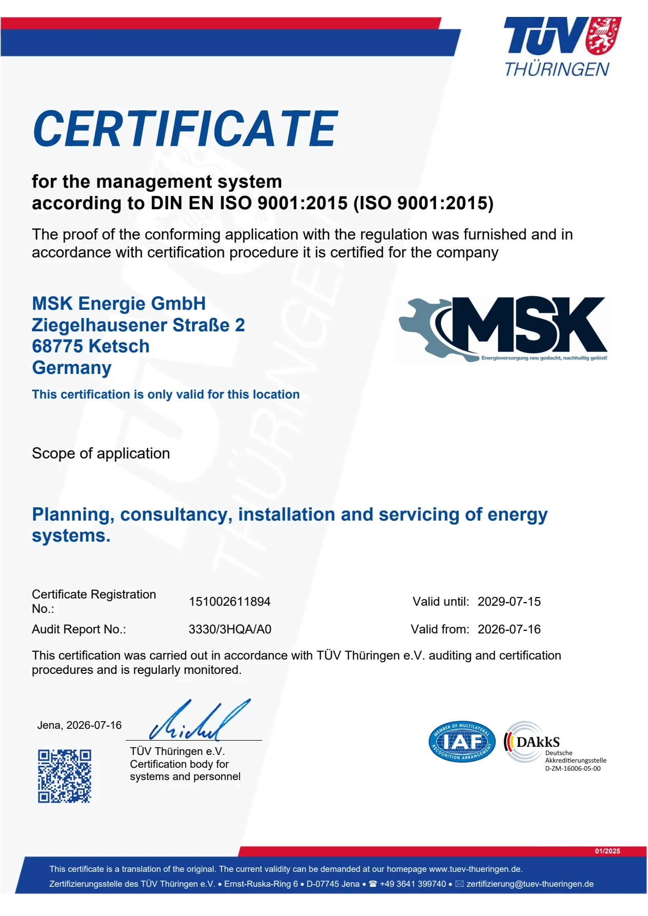 Originalzertifikat des TÜV Thüringen für das Qualitätsmanagement der MSK Energie GmbH nach ISO 9001